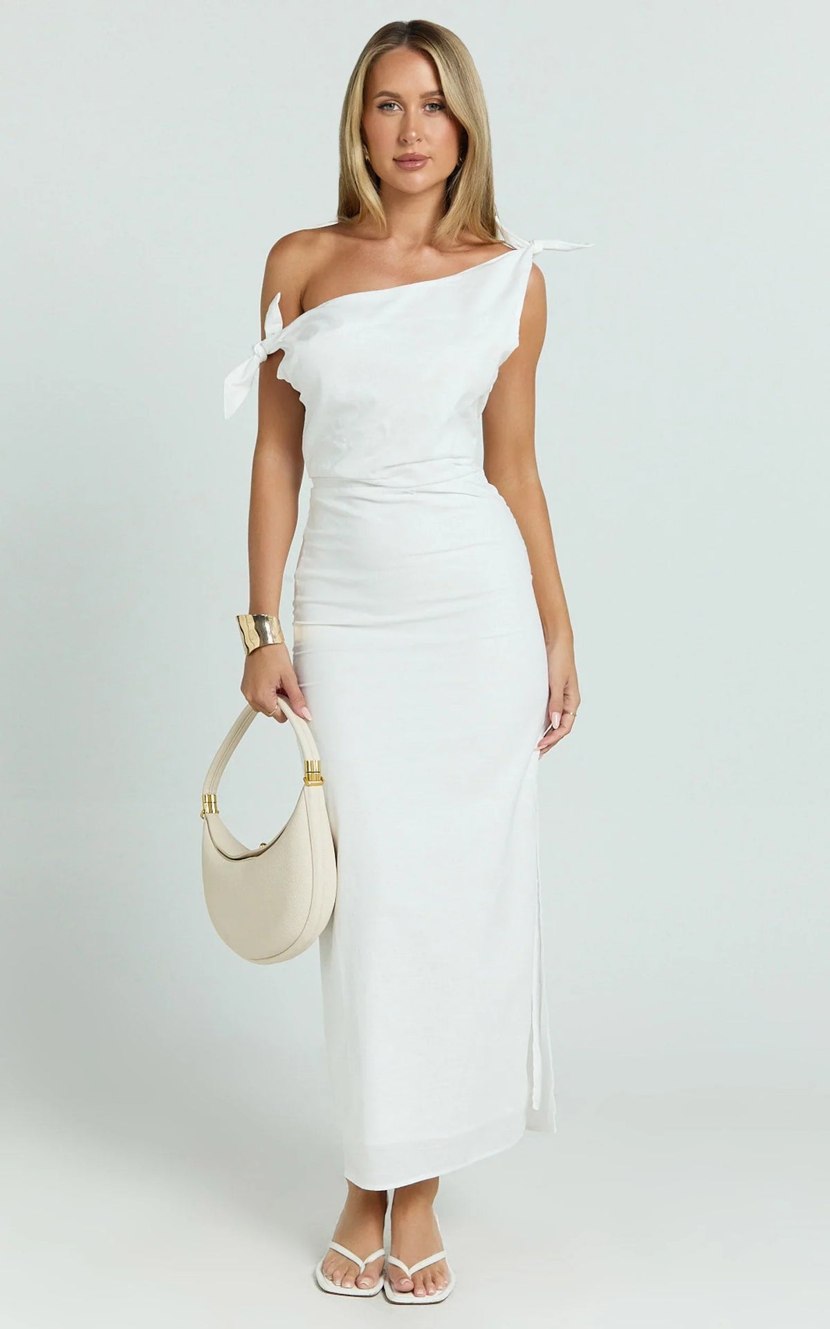 Cincinnati Midi Dress - Off The Shoulder Side Split Column Linen Dress in White