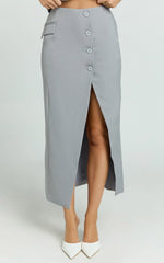 Baylee Midi Skirt - Wrap Front Side Split Skirt in Grey