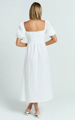 Quinn Midi Linen Blend Dress - Puff Sleeve Square Neck Dress in White