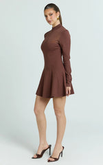Camilla Mini Dress - Turtle Neck Fit And Flare Sheer Contrast Knit Dress in Chocolate