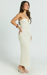 Blaire Midi Dress - Strappy Ruched Front Column Fitted Textured Jersey Dress in Off White