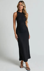 Fernley Midi Dress - Linen Racer Neck Slip Dress in Black