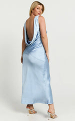 Brienne Midi Dress - Plunge Cowl Back Satin Dress in Blue