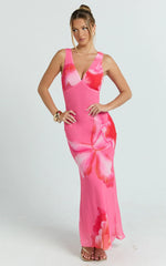 Iris Maxi Dress - Sleeveless V Neckline Dress in Fuschia Floral