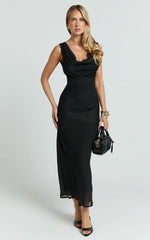 Nova Midi Dress - Lace Cowl Neck Tie Back Dress in Black