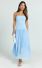 Cherie Midi Dress - Strapless Drop Waist Dress in Blue