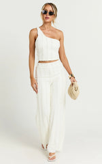 Almarie Pants - Mid Waisted Wide leg Textured Pants in Off White